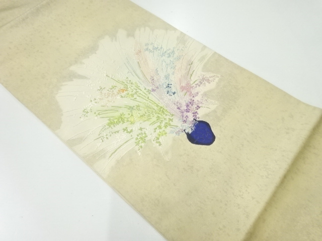 アンティーク　花器に草花模様織出し袋帯（材料）